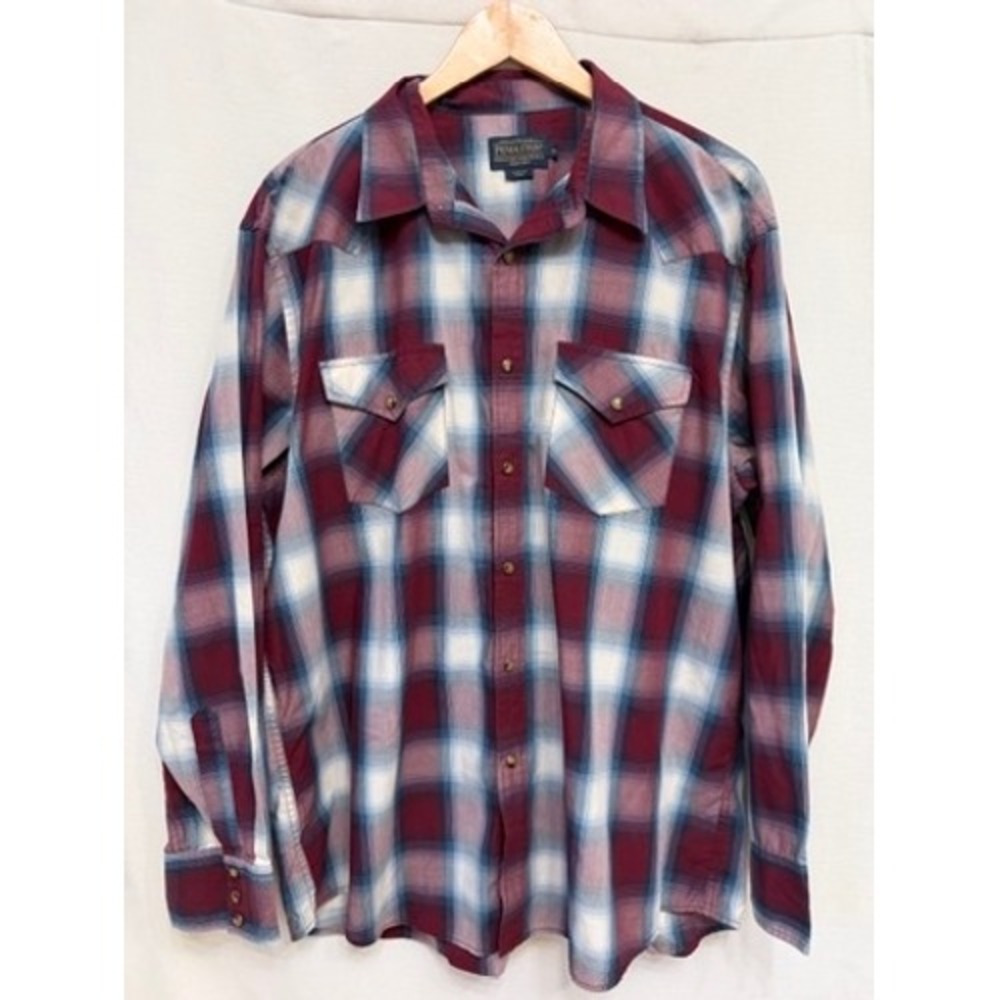Pendleton High Grade Western Wear Long Sleeve Snap Shirt XL Maroon Blue Plaid